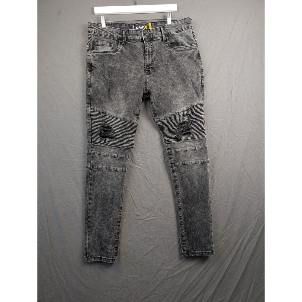 RAW X Mens Skinny Biker Jeans Gray‎ Acid Wash Distressed Moto Denim 36x32